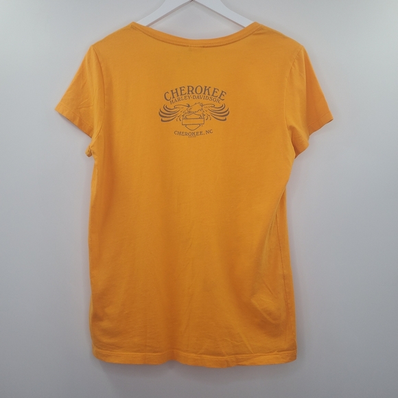 Harley-Davidson Tangerine Orange V Neck Cherokee NC Skull Graphic Tee Shirt - Picture 4 of 7